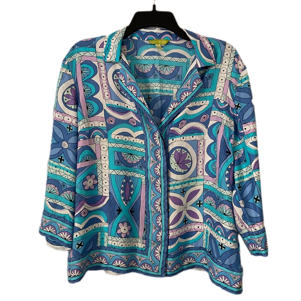 Sigrid Olsen 100% Silk Signature Blouse 3/4 Sleeve Button Down Size Large